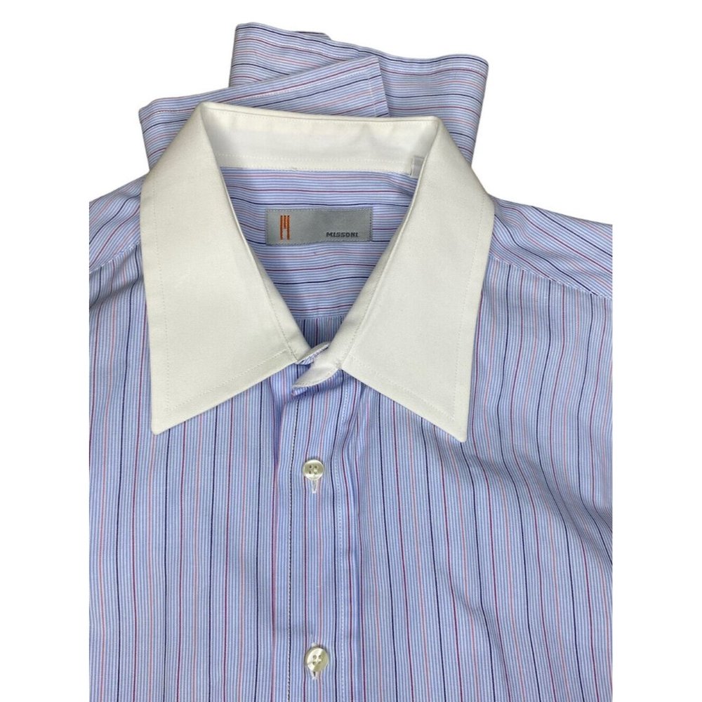 Missoni‎ Mens Long Sleeve Dress Shirt Blue White Stripe Contrast Collar 16.5/42